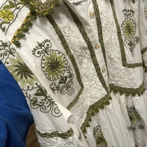 Anthropologie Maeve Ivory and Olive Embroidered Long Sleeve Dress - Picture 8 of 10